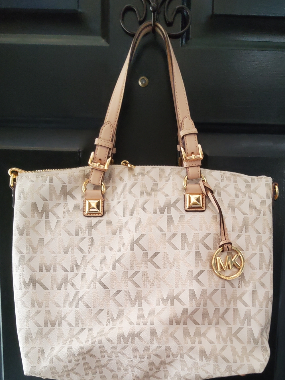 Michael Kors Beige Signature MK Tote Bag with Gold Hardware